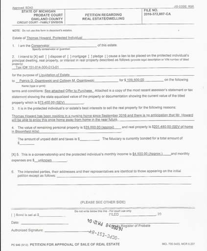 Oakland County Michigan Corrupt Probate court victim Fraser Thomas Howard Petition 1