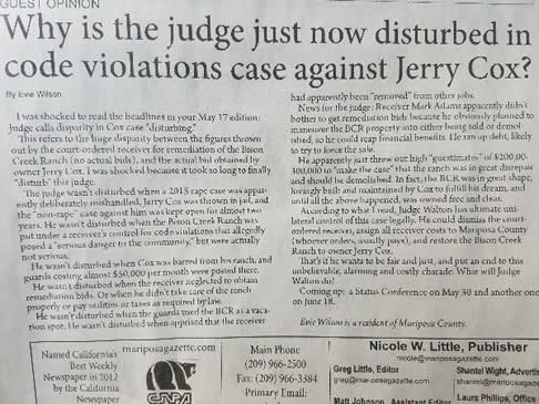 why is the judge just now disturbed in code violations against jerry cox Federal Lawsuit coming against Corrupt Mariposa County Jerry Cox Mariposa County California Ashley K. Harris 
