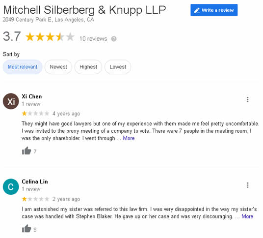 Disny Brad Lund Negative Google Reviews Mitchell Silberberg Knupp corrupt Los Angeles Law Firm