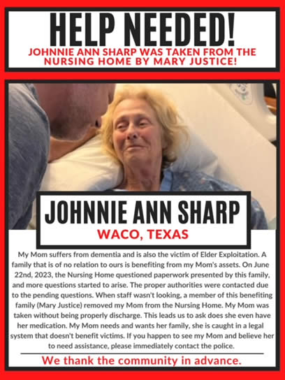 Waco Texas Corrupt Probate court abuses Johnnie Ann Sharp stopping son Brad Sharp from rescue info.