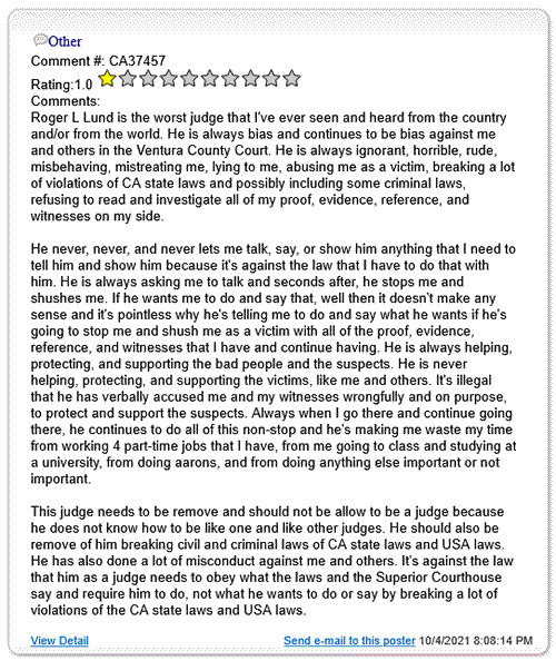 Judge Roger L Lund Corrupt Judge Roger Lynn Lund Ventura County Oxnard probate abuse immoral unethitical abuses authorityThe Robing Room CA State Judges Judge Roger Lund